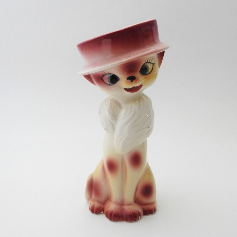 1950s Anthropomorphic Lady Cat Vase Kitsch Hand Painted Small Signed Ceramic